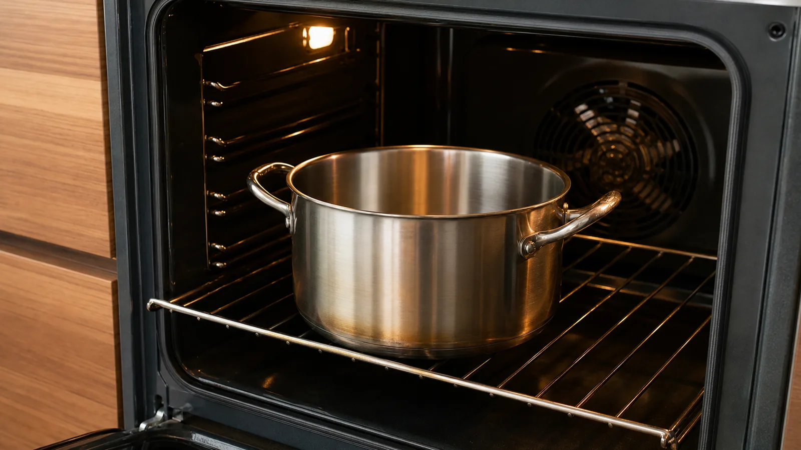 Oală din inox cu mânere metalice așezată în cuptor